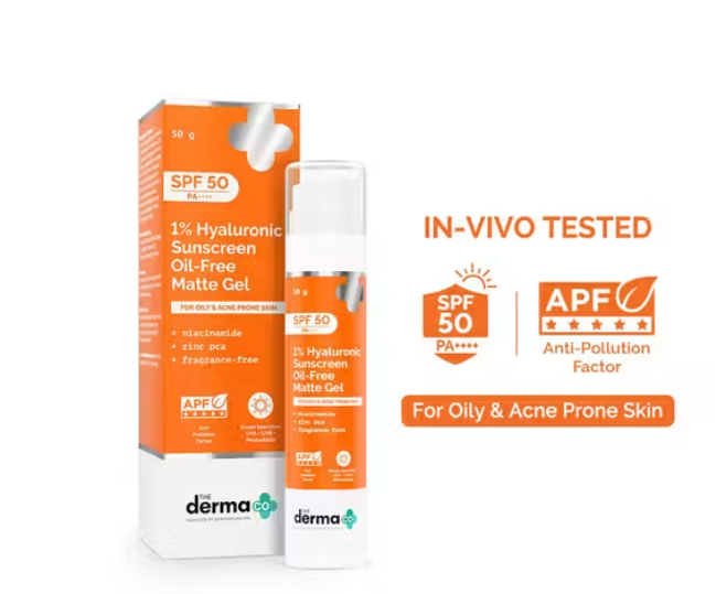 The Derma Co Sunscreen - SPF 50 PA++++ 1% Hyaluronic Sunscreen Oil-Free Gel | Lightweight, For Oily & Acne-Prone Skin (50 g)